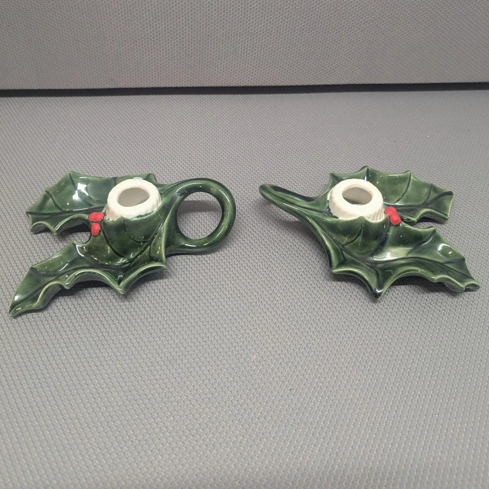 VTG Ceramic Holly Leaf Christmas Candle Holders Set of 2 Green Red Berry Signed